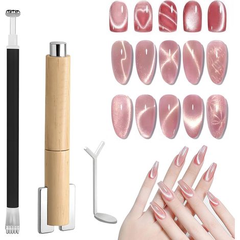 Set di magneti per unghie effetto occhio di gatto 4 in 1 con 3 magneti e manici in legno rimovibili Crea splendidi effetti occhio di gatto e a cuore Include una doppia punta a fiore e uno strumento (1/5)