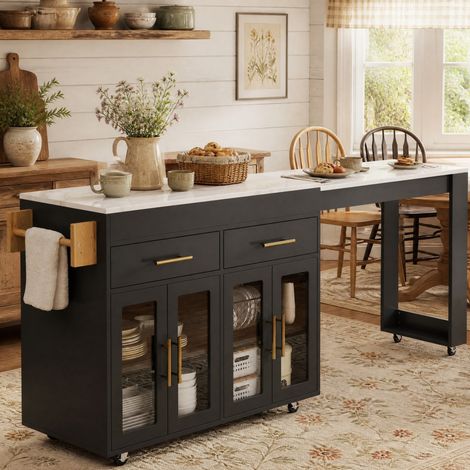 Isla de cocina móvil con tablero extensible, almacenaje, MDF negro, 132,5-217 x 50 x 93 cm (1/5)