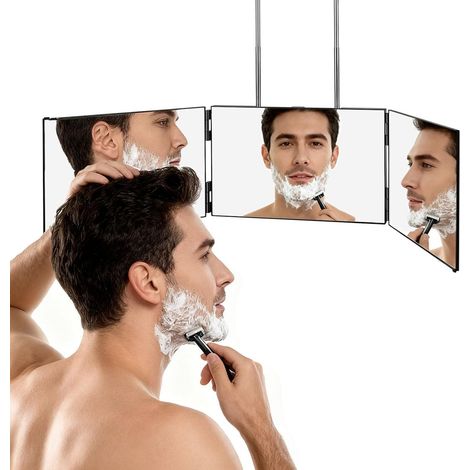 Miroir 3 faces 360° pour coupe cheveux - Pliable réglable crochets télescopiques - Noir sans LED - Coiffure maquillage (1/5)