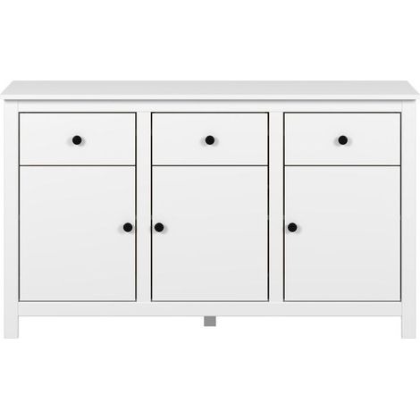 Buffet commode Meuble de rangement avec 3 tiroirs et 3 portes coloris blanc - Longueur 134 x Hauteur 79 x Profondeur 40 cm (1/5)