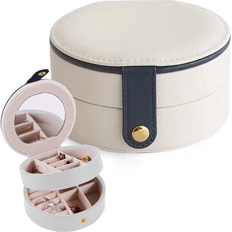 Boîte à bijoux avec miroir, organisateur doublé de velours pour bagues, boucles d'oreilles et colliers, étui de rangement rond (1/3)