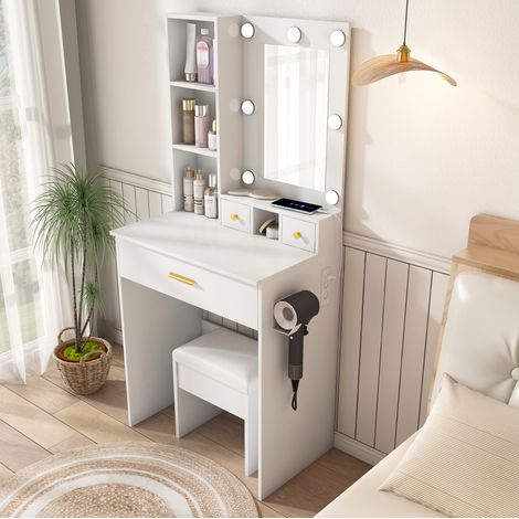 Coiffeuse 60/38/131,5 cm blanche avec miroir LED, prise intégrée et tabouret (1/5)