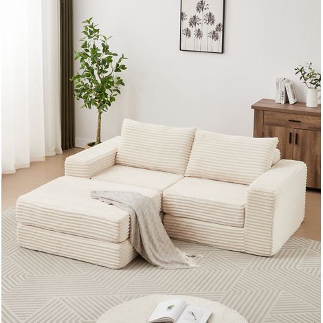 REDOM Divano angolare a L, 3 posti, divano letto, divano chaise longue, con pouf e 2 cuscini, in velluto a coste, beige (1/5)