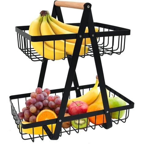 Fruit Mand - Double Niveau - Acier Inoxydable - Pour Cuisine - Noir - 27 x 17 x 33 cm - 2 Compartiments (1/5)