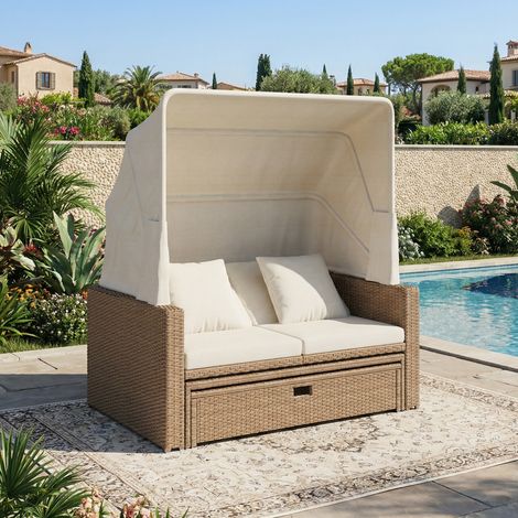Mobilier de jardin en polyrattan pour 2-4 personnes avec canapé lounge, table basse réglable, auvent amovible, rotin PE et mousse, kaki