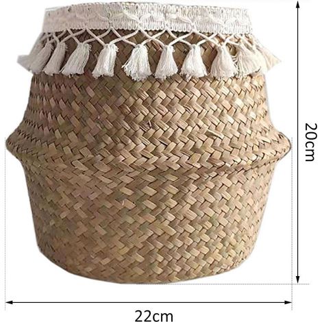 Panier en paille naturelle pliable, panier de rangement tressé pour plantes, corbeille en osier décorative.