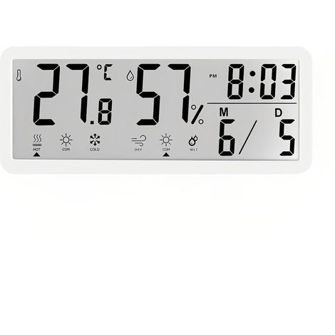 Cette horloge de bureau numérique est dotée d'un écran LCD pratique affichant la température, l'humidité, la date et les prévisions météo, qu'elle soit posée ou accrochée. Elle est ainsi idéale pour l (1/5)