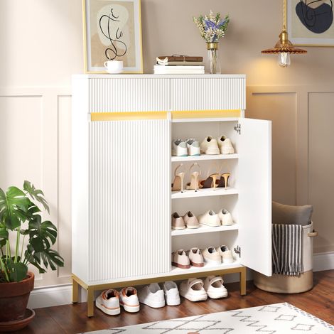 MODFU – Meuble chaussures 80x35x103 cm MDF – LED et 2 tiroirs – 2 portes et étagères réglables – Blanc (1/5)