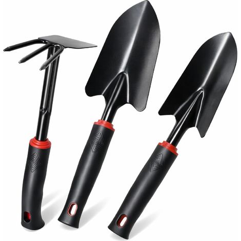 Set d’Outils de Jardin 3 Pièces avec Poignées Antidérapantes, Pelle, Transplantoir et Binette Double en Acier Inoxydable pour Planter, Creuser, Désherber, Potager, Balcon et Serre (1/5)