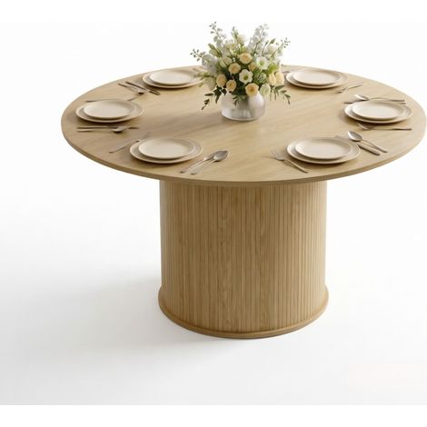 Table à manger ronde 4 à 6 personnes, plateau 120 cm, base cylindrique cannelée, aspect bois clair, pour cuisine et salle à manger - CHICFURN (1/5)
