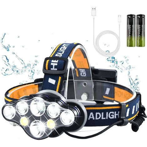 Lampada frontale a LED ricaricabile, ultra potente con 8 LED, impermeabile e leggera, perfetta per campeggio, pesca, speleologia, jogging ed escursionismo [Classe energetica A+++]