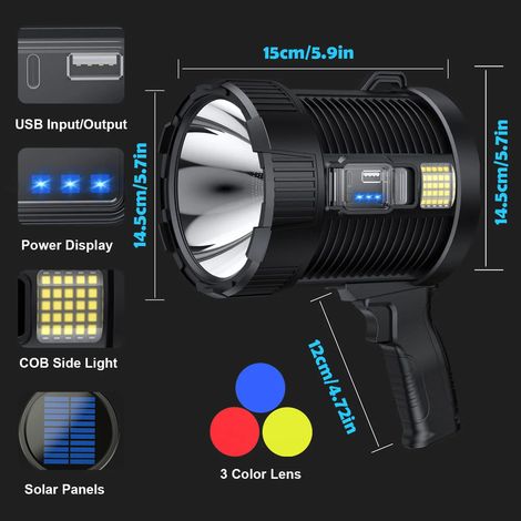 Projecteur rechargeable (grand format, noir) 900 000 lumens, lampe torche LED portable, projecteur solaire ultra-lumineux pour extérieur. (1/5)