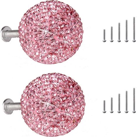 Lot de 2 boutons de meuble ronds en cristal pour commode, penderie, avec 10 vis, rose (1/5)
