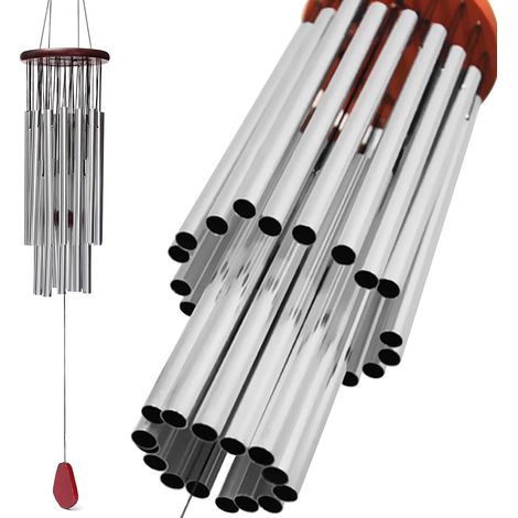Carillon éolien argenté de 81 cm (32 po), 27 tubes en métal, décoration suspendue pour jardin ou terrasse extérieure (1/5)