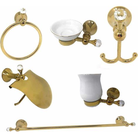 Set Bagno in Acciaio Oro e Ceramica con Punti Luce Cristalli in Acrilico 6 Pezzi arredo Bagno