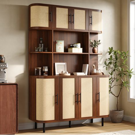 Buffet de cuisine H 180 cm à 8 portes, façades tressées, pieds en fer, MDF noyer, grand rangement (1/5)