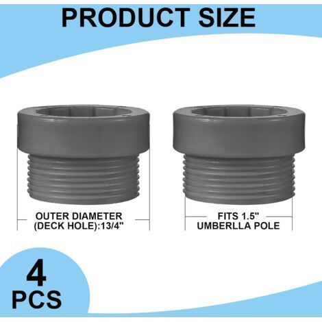 Lot de 4 adaptateurs filetés pour stabilisateur de parasol de piscine, manchons de fixation pour poteau de parasol de piscine, insert stabilisateur pour terrasse extérieure, 4,4 cm (1/3)