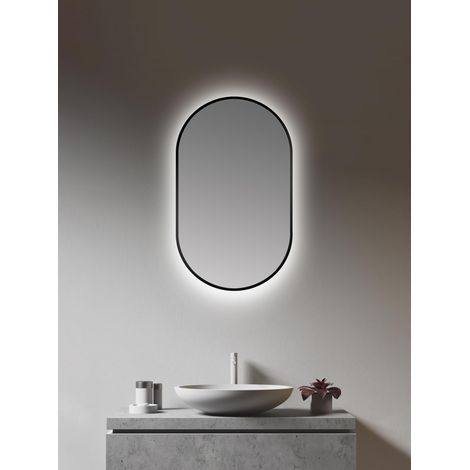 Miroir LED Ovale Noir 45 x 75 cm – Convient pour Les pièces humides de Votre Salle de Bain – Miroir Mural avec lumière ambiante – avec Cadre en Aluminium (1/5)