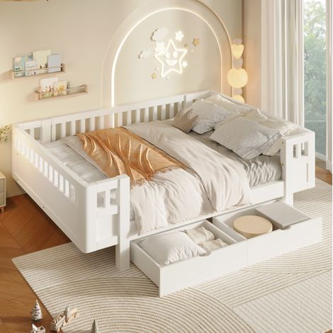 Cama infantil 140x200 cm en madera blanca con barandillas de seguridad y 2 cajones (1/5)