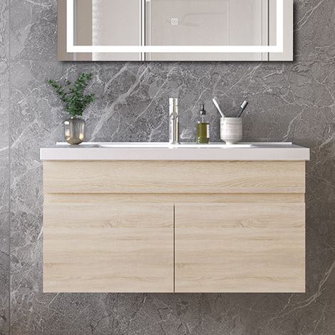 Ocean 79x45x40cm Meuble de salle de bain, meuble sous vasque, avec vasque en céramique, double porte, suspendu, chêne (1/5)