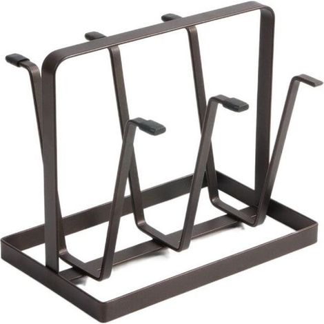 SABIR Égouttoir à bouteilles,support en métal pour 6 tasses, crochets de protection en silicone, antidérapant, support de séchage pour bouteilles, support pour verres et tasses à café (noir café) (1/5)