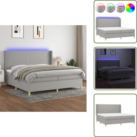 The Living Store Cama box spring con colchón tela y LED gris claro 200x200 cm - Cama con luz LED