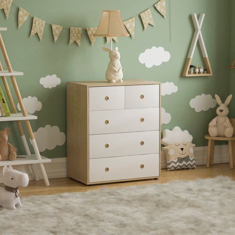 Home Discount – Commode enfant 5 tiroirs H 76 x L 65 x P 39,5 cm – MDF et panneau de particules – Finition mélamine – Poignées en bois encastrées (1/5)