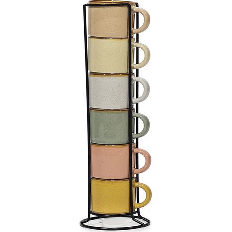 Set 6 Tazzine Caffè Ceramica Colorate 8cl con Supporto Metallo Stand Salvaspazio Servizio Tazze da Caffè Moderne per Casa Bar e HORECA stile Rustico Chic