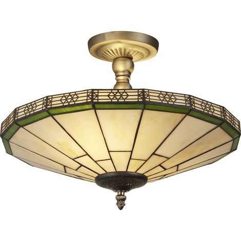 Searchlight New York - Plafoniera semi-filo a 2 luci in ottone antico, vetro Tiffany, E14 (1/5)