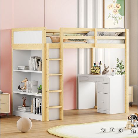 Hochbett modern 90x200 cm in Naturholz, mit Aufbewahrungsschrank, flexiblem Schreibtisch und Lattenrost (1/5)