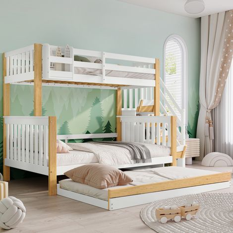 Lit superposé 254/216,5/165 cm blanc et naturel en bois massif et MDF avec gigogne et escalier de rangement (1/5)