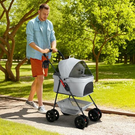 Poussette 3-en-1 pour animaux de compagnie, poussette pliable avec 4 roues et siège détachable pour chiens et chats, Gris (1/5)