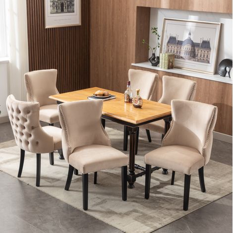 Sedia da pranzo beige in velluto e legno massiccio 50 x 41 x 91 cm, con schienale (1/5)