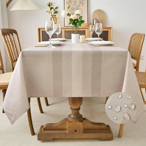 Nappe Beige Rectangulaire Anti-Taches 140 x 240 cm Lavable Rayures Tableau en Imitation Lin Moderne Protection de Table Extérieurs Imperméable pour Table à Manger, Salon, Jardin, Fête (1/5)