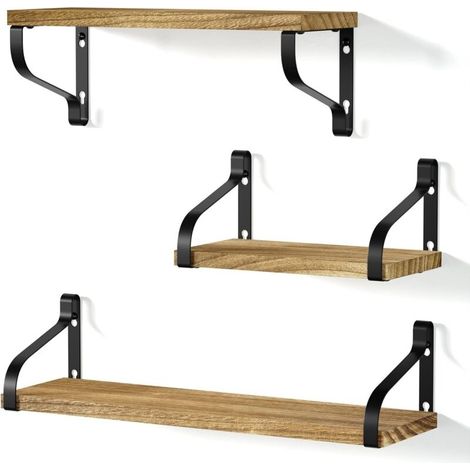 Etagères Murales Lot de 3 Etagères Flottantes en Bois et Fer Charge Maximal 20 Kg pour Salon Chambre Bureau Salle de Bains ou Cuisine, Noir Carbonisé (1/5)