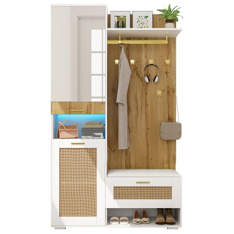 Ensemble de rangement pour le dressing, armoire avec miroir, 6 patères dorées, meuble à chaussures, portemanteau mural, compartiment de rangement supérieur, banc et éclairage LED à 16 couleurs (1/5)