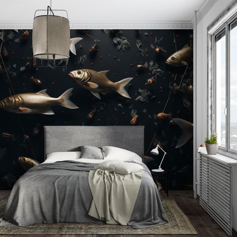Papier peint poissons fond noir - 150 x 250 cm (1/2)