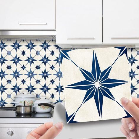 Set of 30 self-adhesive PVC floor tiles, kitchen wall tiles 10x10 cm, blue and white octagonal star pattern. (1/5)