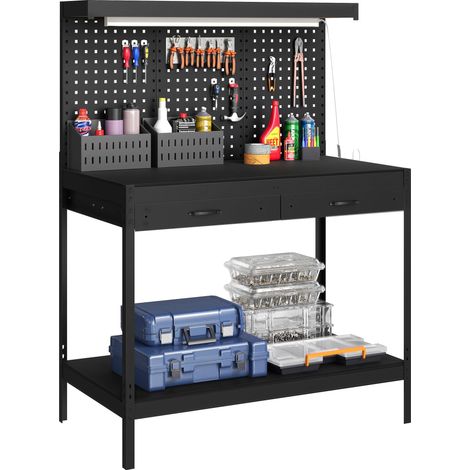 Établi, capacité de charge 272 kg, 110 x 60 x 150 cm, avec plateaux métalliques perforés, prise électrique, éclairage LED, tiroirs, noir (1/5)