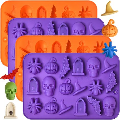 Lot de 4 moules en silicone antiadhésifs pour Halloween, en forme de crâne, citrouille, chapeau de sorcière, chauve-souris, araignée et pierre tombale, pour la décoration de chocolat, fondant et gâtea (1/5)