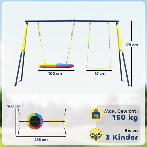 Balançoire double avec structure, comprenant une balançoire nid, une balançoire à sangles et une corde réglable, pour les enfants de 3 à 8 ans, multicolore. (1/5)