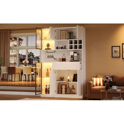 Vaisselier vitrine haut 120×33×200cm, armoire de salon avec 6 portes, 2 tiroirs, éclairage LED, compartiments ouverts, panneau de fibres dur & verre trempé, armoire à vin pour salon et salle à manger (1/5)