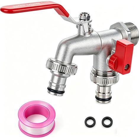 Robinet d'eau double en laiton, robinet de jardin de 0,75 pouces, résistant à la rouille et au gel + 2 connecteurs de tuyau, robinet d'eau en laiton pour jardin, machine à laver, baril de pluie (1/5)