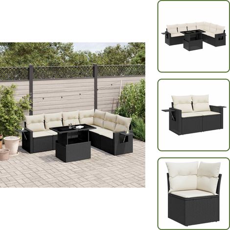 The Living Store Salon de jardin 7 pcs avec coussins noir résine tressée - Ensemble Salon De Jardin - Meuble Extérieur - Jardin Design - Mobilier Résistant Aux Intempéries - Chaise Longue Pliable (1/5)