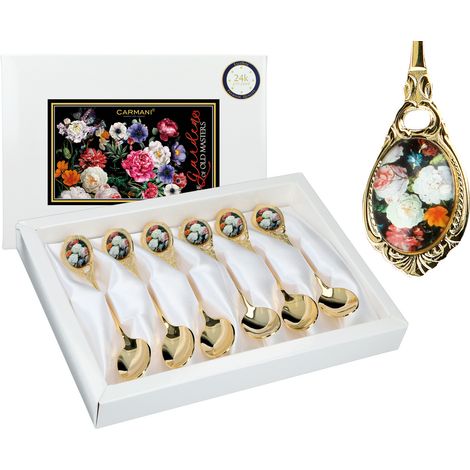 Cucharillas de té Carmani, chapadas en oro - flores barrocas (juego de 6 piezas) (1/5)
