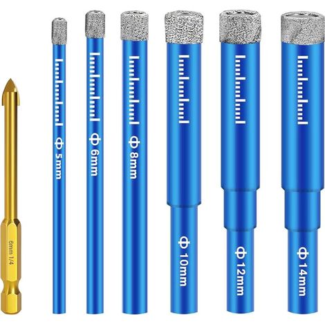 7 Pièces Foret Diamant Carrelage,Foret Diamant Gres Cerame avec 5/6/8/10/12/14 mm,Forets Metaux pour 6mm, Meche Perceuse Metal, pour Porcelaine,Céramique, Granit,Carrelage