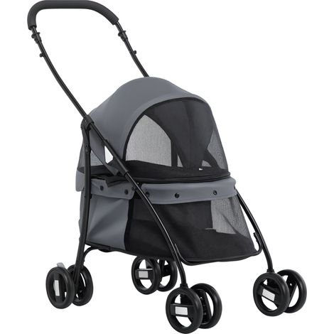 Poussette pliable pour chiens avec baldaquin réglable. Sac et 2 laisses. 82 x 47 x 97 cm. Gris et Noir