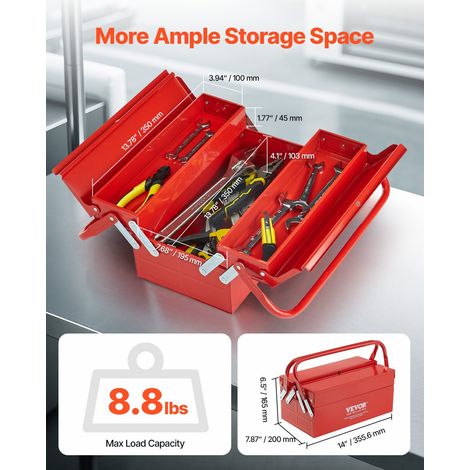 Boîte à Outils Métal 355,6 mm, Caisse à Outils 2 Niveaux, Organisateur Coffre Outils Pliable 2 Plateaux, Couvercle Rabattable, Poig… (1/5)
