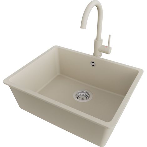 PRIMAGRAN Evier Sous Plan 56x44cm,Evier en Granit 1 bac + Robinet 32x20cm + Kit de Vidage, Évier au meuble 60cm - Venise Easy, Beige (1/5)