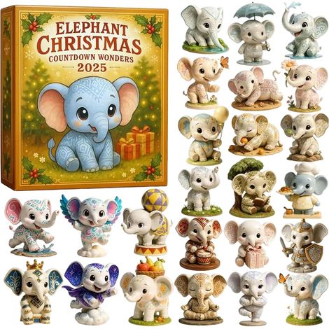 Calendrier de l'Avent Ornement 2D en acrylique, décoration de sapin de Noël éléphant de 24 jours, décoration hivernale saisonnière pour mur et fenêtre pour les amoureux des animaux (1/5)